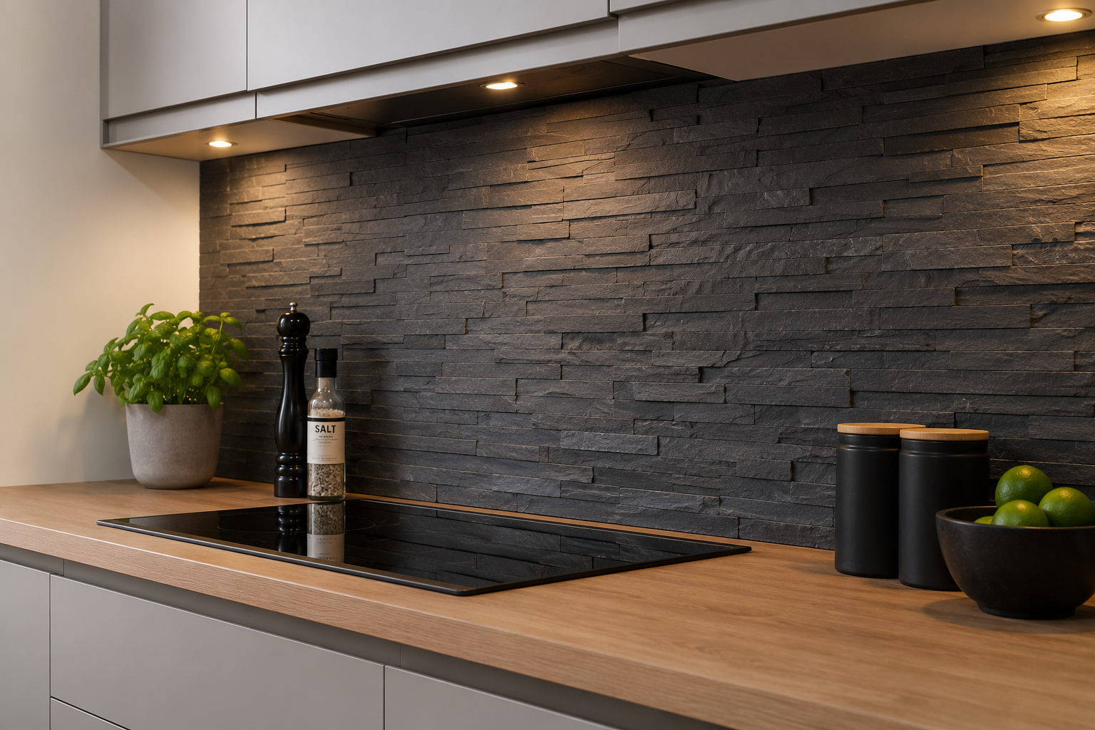 Black split-face slate tiles with 3D stacked-stone texture