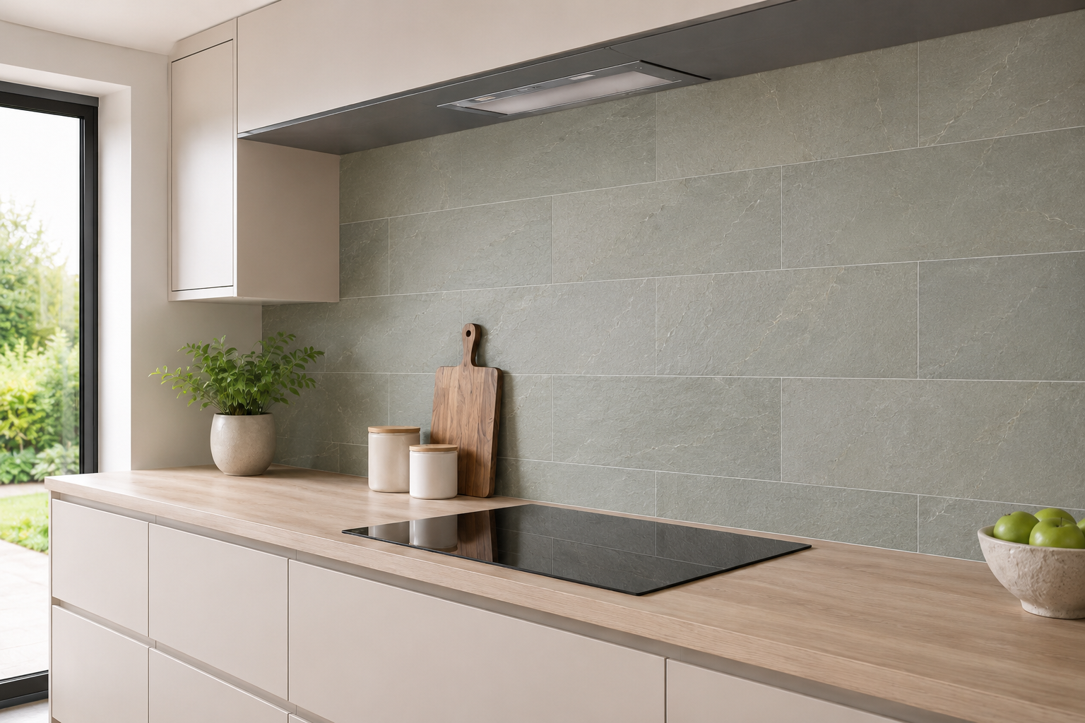 Grey slate wall tiles used as a kitchen splashback